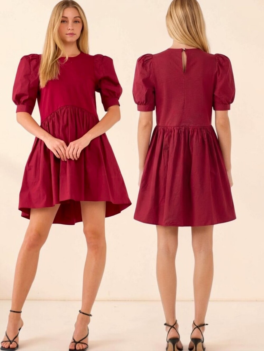 ENGLISH FACTORY Cranberry Puff Sleeve High Low Babydoll Dress - Size S